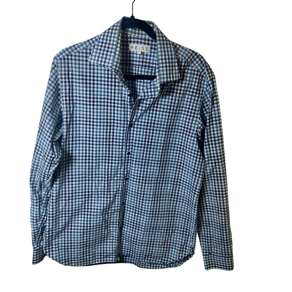 Reiss Mens Blue White Gingham Check Long Sleeve Button Down Shirt Size L